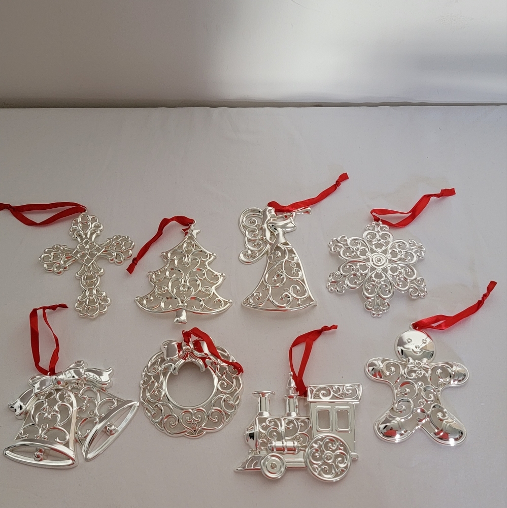 LENOX SILVER PLATED CHRISTMAS ORNAMENTS-SET (8 PIECE SET)